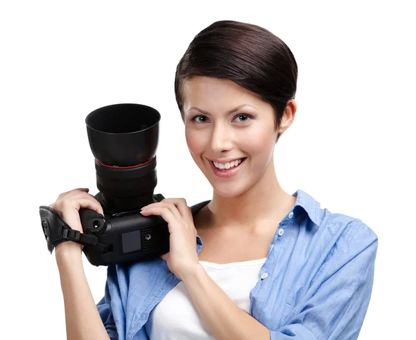 Lady-photographer takes pictures — Stock Photo, Image