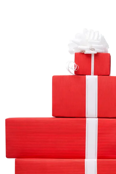Boxes with gifts decorated with white bows — Stock Photo, Image
