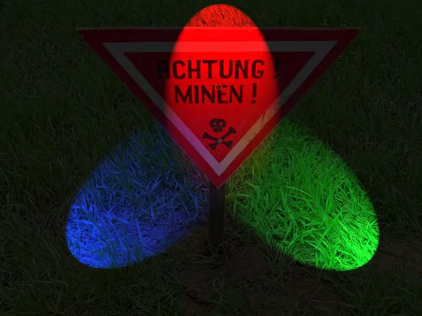 Pocas luces de encendido en ahtung minen como texto en idioma alemán . —  Fotos de Stock