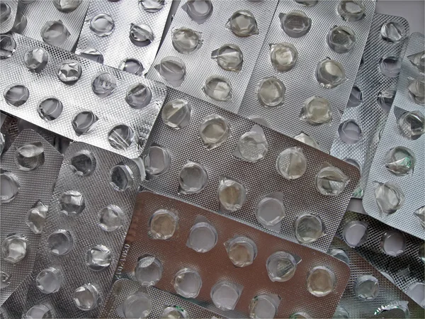 Pilha de embalagem de antibióticos usados, detalhes de cuidados de saúde . — Fotografia de Stock