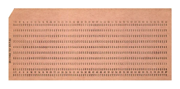 Vintage punched card isolated on white background, technology. — Stock Photo, Image