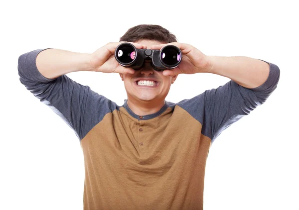 Homem engraçado com binocular. No fundo branco . — Fotografia de Stock