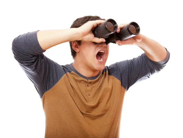 Un hombre gracioso con binocular. Sobre fondo blanco . —  Fotos de Stock