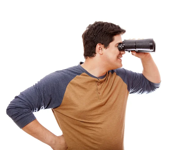 Un hombre gracioso con binocular. Sobre fondo blanco . — Foto de Stock