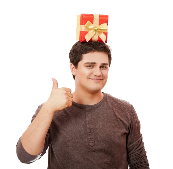 A man holding present box on white background. — Stock Photo, Image