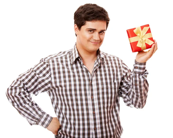 Un hombre sosteniendo la caja presente sobre fondo blanco . —  Fotos de Stock