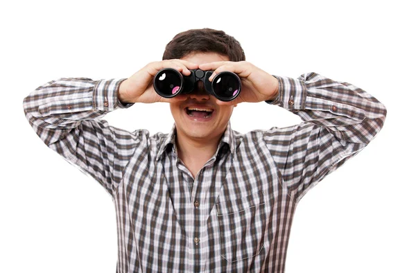 Homem engraçado com binocular. No fundo branco . — Fotografia de Stock