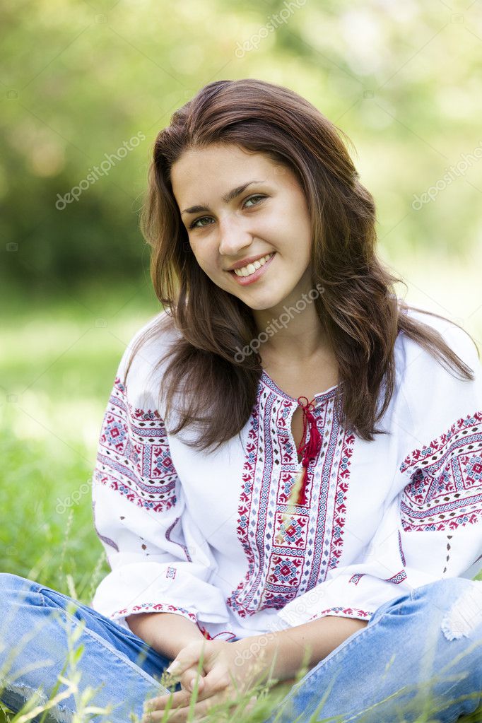 Slav Teen Girl At Green Meadow In National Ukrainian Clothing Stock