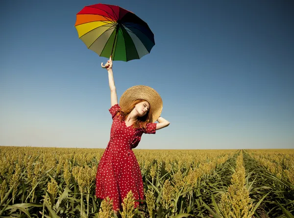 Дівчина з парасолькою на кукурудзяному полі — стокове фото