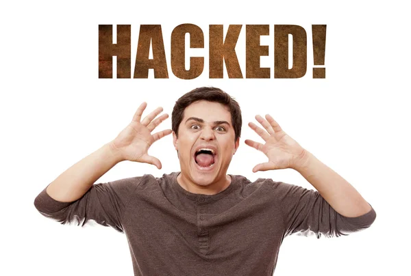 Uomo piangere a hackerato su sfondo . — Foto Stock