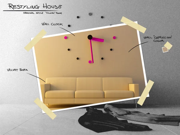 Stor klocka på soffan för restyling projektplan — Stockfoto