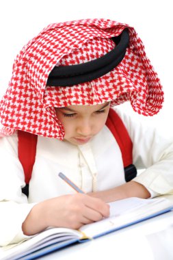 Kid with keffiyeh at the school classroom clipart