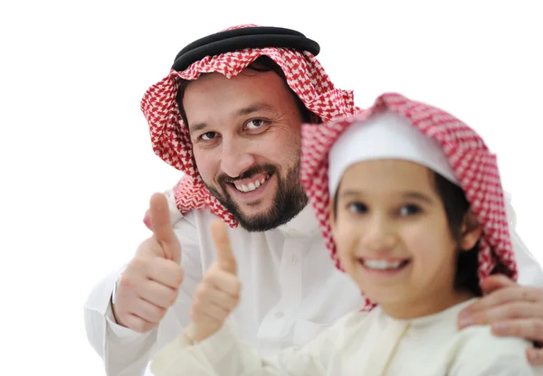 Arab apa és fia, a hüvelykujjával felfelé — Stock Fotó