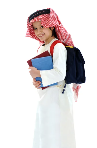 Niño árabe de escuela de Oriente Medio con libros y mochila — Foto de Stock