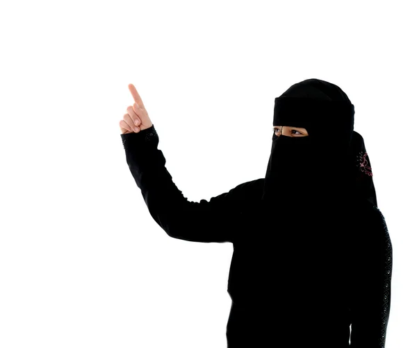 Arabo musulmano studente ragazza punta con dito — Foto Stock