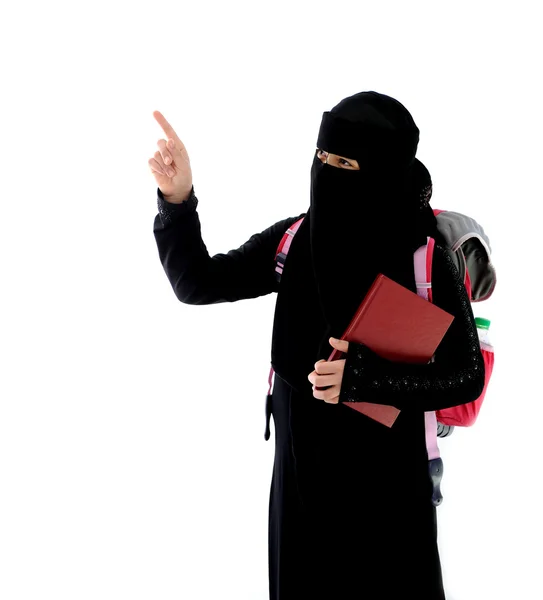 Arabische Studentin zeigt mit dem Finger — Stockfoto