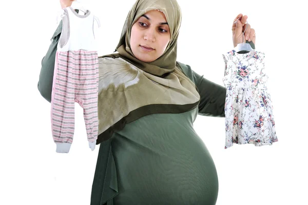 Pensant femme musulmane enceinte, qu'est-ce que c'est, fille ou garçon . — Photo