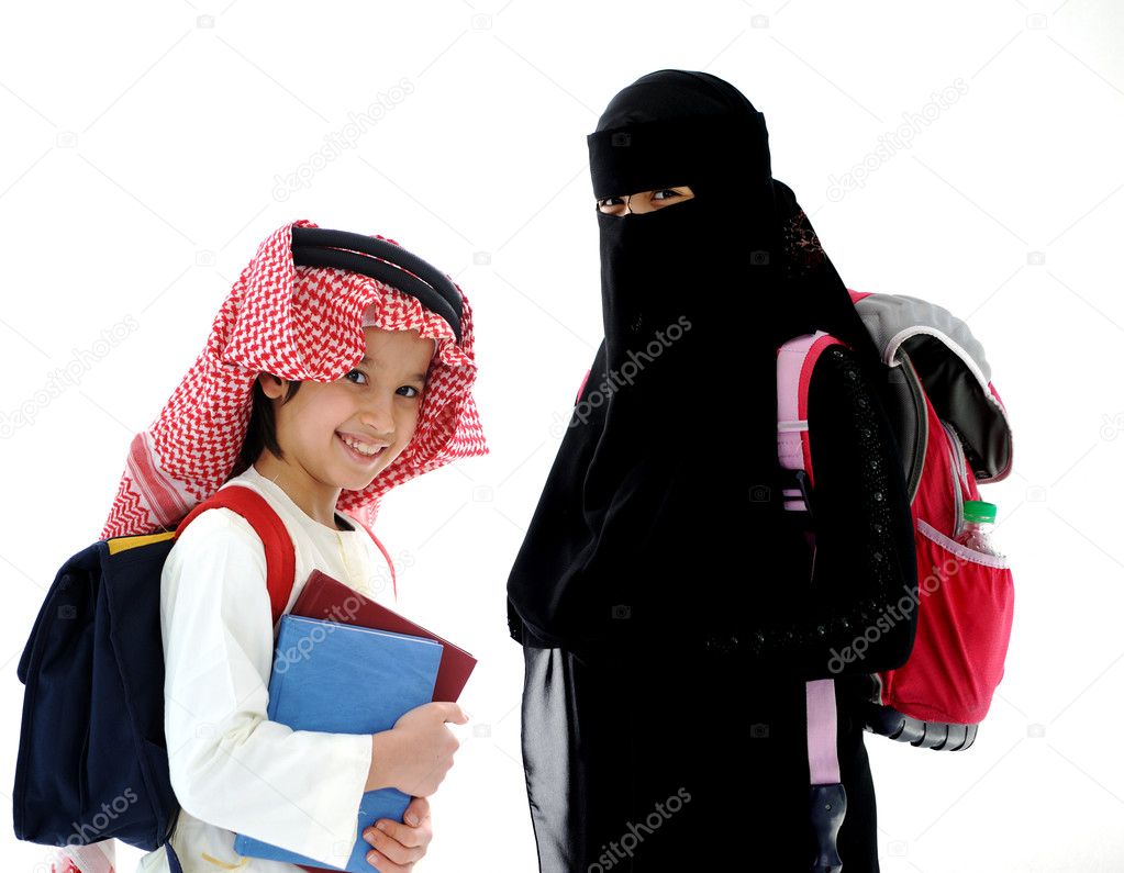 Arabic little boy and girl going to school