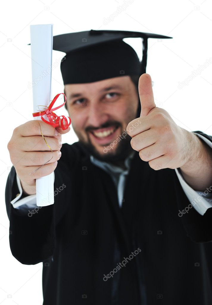 Excited graduate student in gown