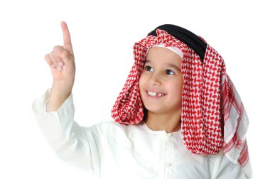 Cute Arabic little boy pushing digital button clipart