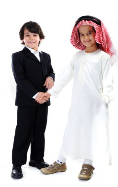 Arabic and caucasian little businessmen handshaking clipart