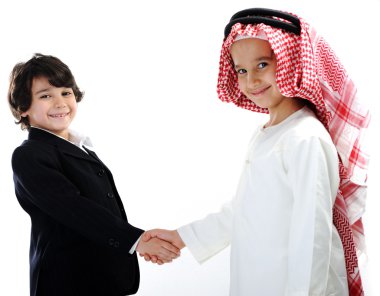 Middle eastern and european children businessmen teamwork clipart