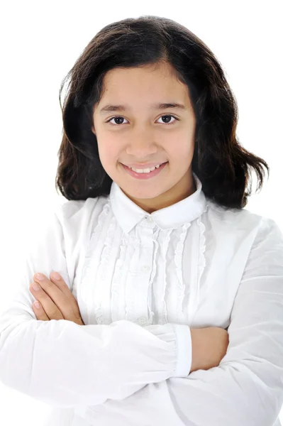 Счастливая маленькая девочка на белом фоне — стоковое фото
