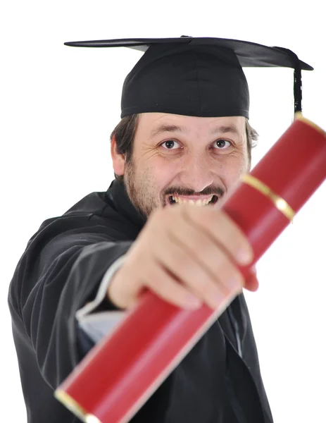 Opgewonden afgestudeerde student in jurk — Stockfoto