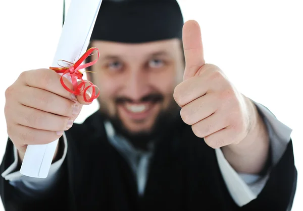 Excited graduate student in gown — Stock Photo, Image