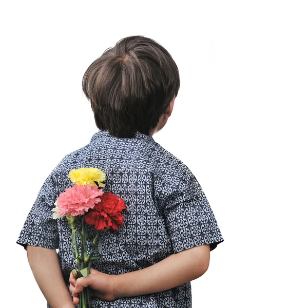Gelukkige jongen met een boeket van tulpen — Stockfoto