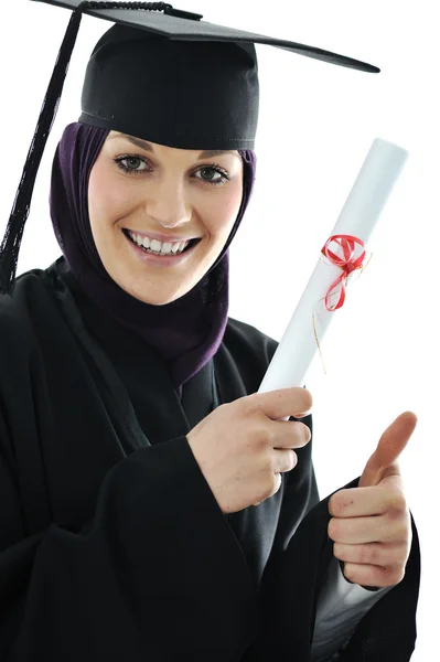 Happy graduate arabic muslim student with diploma — Stock Photo, Image