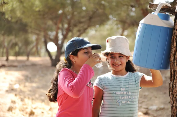Niños haciendo picnic en campamento scout en la naturaleza, niñas bebiendo agua — Foto de Stock