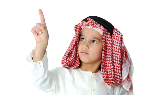 Cute Arabic kid pressing digital button, excellent place for your message — Stock Photo, Image