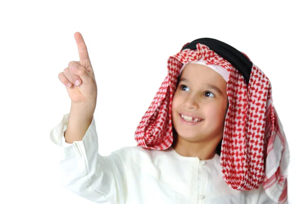 Criança árabe bonito pressionando botão digital — Fotografia de Stock
