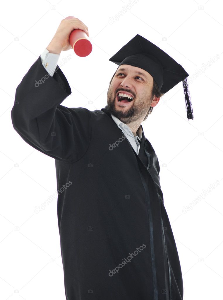 Excited graduate student in gown
