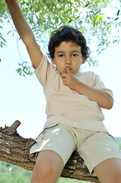 Mały chłopiec siedzący na gałęzi drzewa — Zdjęcie stockowe