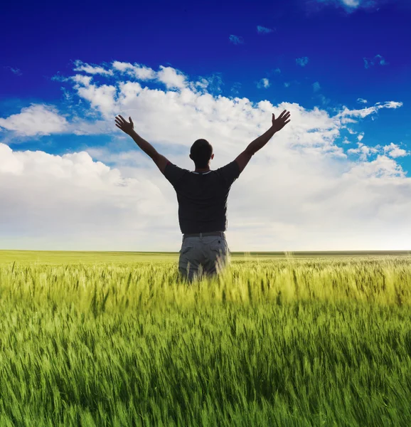 Homem de pé no campo verde sob o céu azul — Fotografia de Stock