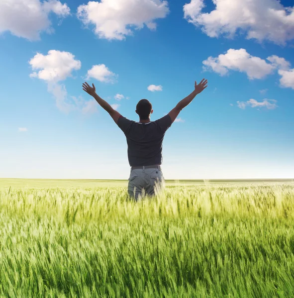 Hombre de pie en el campo verde bajo el cielo azul —  Fotos de Stock