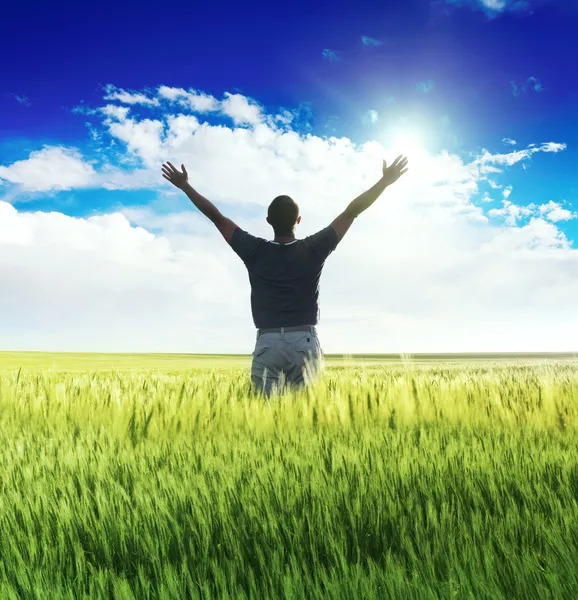 Людина стоїть на зеленому полі під блакитним небом — стокове фото