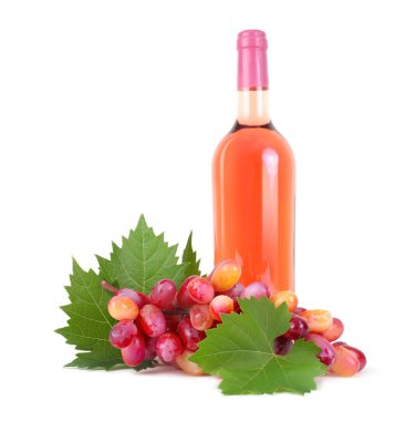 Grapes with leaf and rose wine bottle isolated on white