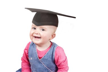 Baby girl wearing a mortar board hat as a metaphor for education clipart