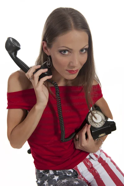 Femme avec un vieux téléphone — Photo