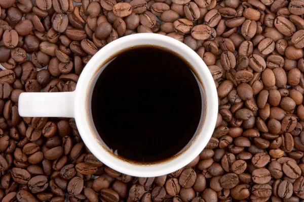 Tazza di caffè bianco su chicchi di caffè — Foto Stock