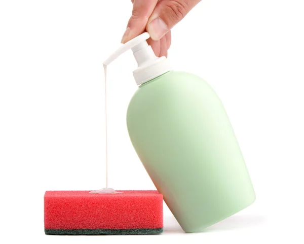 Garrafa de sabão líquido e esponja de limpeza — Fotografia de Stock