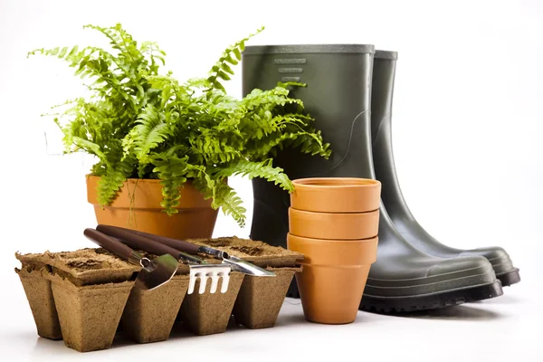 使用工具，植物的花园靴子 — 图库照片