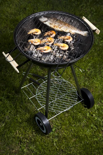 Grilling fish and shrimps — Stock Photo, Image