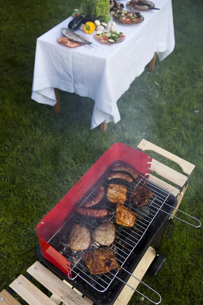 Grillowania mięsa w płomieniach, smaczny obiad — Zdjęcie stockowe