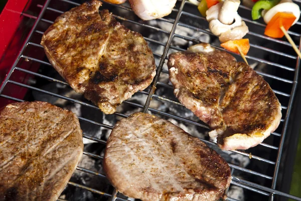 Fleisch in Flammen grillen, leckeres Abendessen — Stockfoto