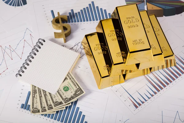 Indicatori finanziari, Grafico, Gold bar, denaro — Foto Stock