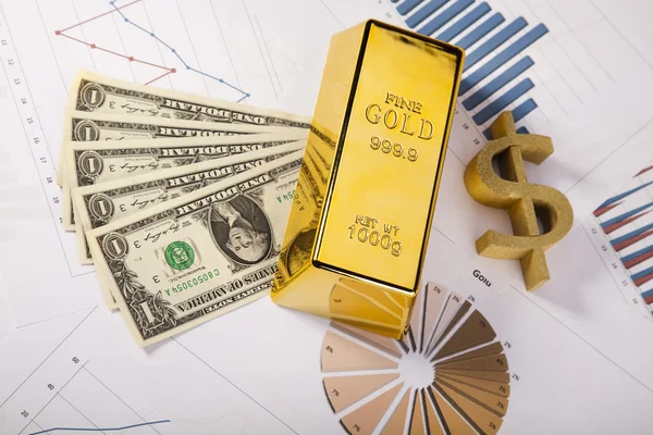 Indicadores financeiros, Gráfico, Barra de ouro, dinheiro — Fotografia de Stock